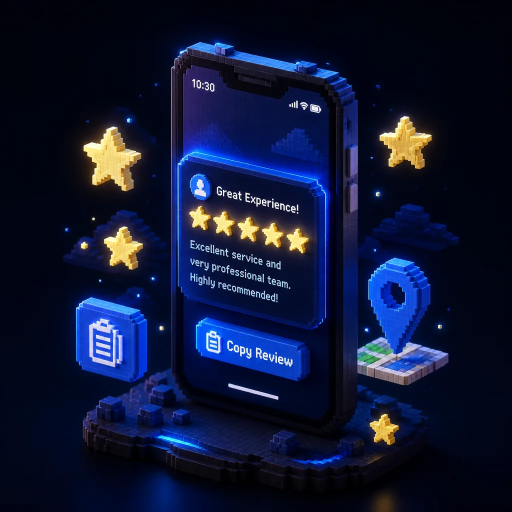 3D illustration of a phone showing a five-star review card with floating rating, copy and location icons