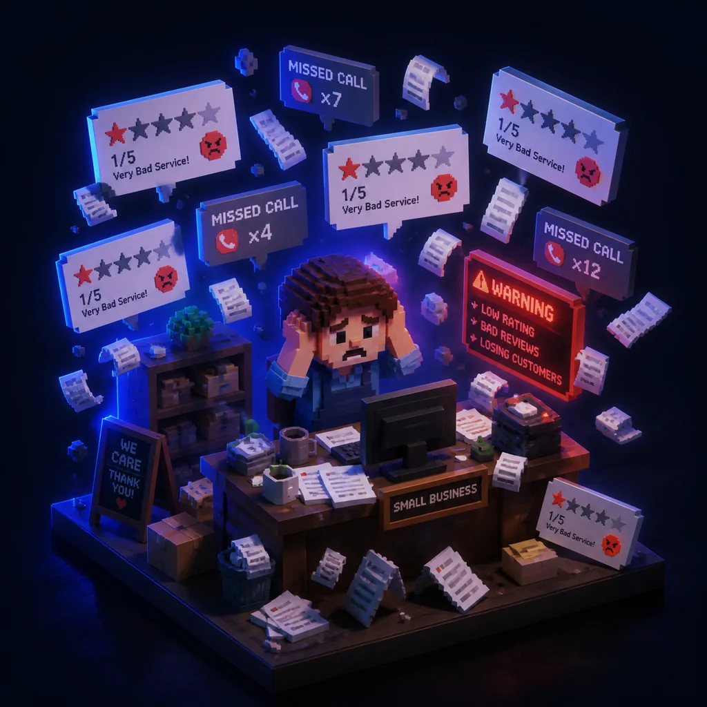 Pixel-art illustration of a shop owner surrounded by scattered messages, paper feedback slips and rating notifications