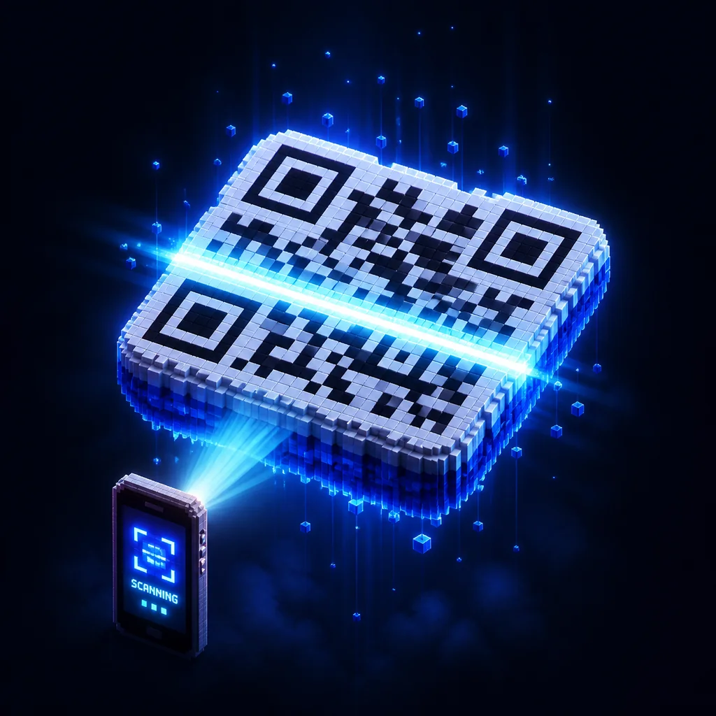 3D illustration of a QR code being scanned by a smartphone